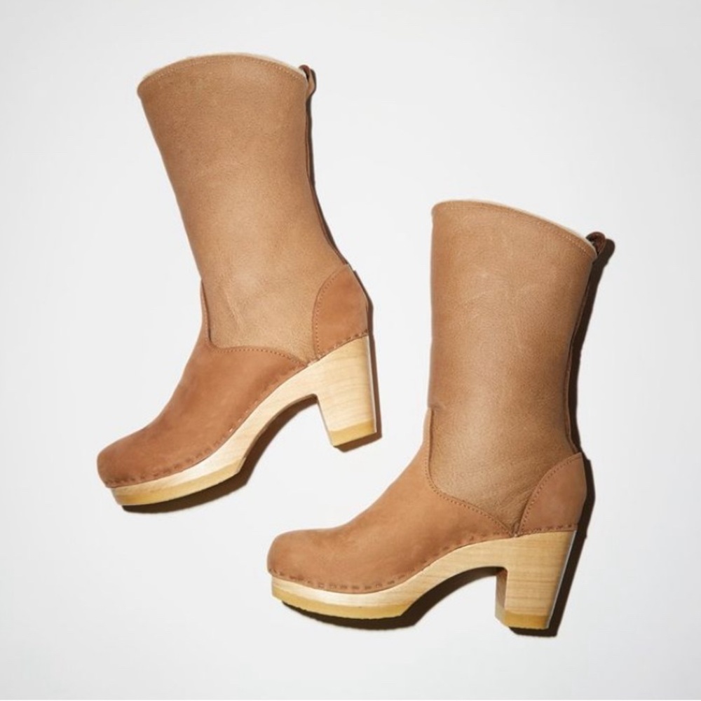 No6 9” Shearling Clog Boots Honey Brown, Size 38